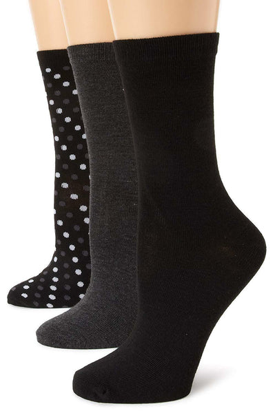 Anne Klein Women's Three-Pack Dot Crew Socks, Black/Heather Black, One Size