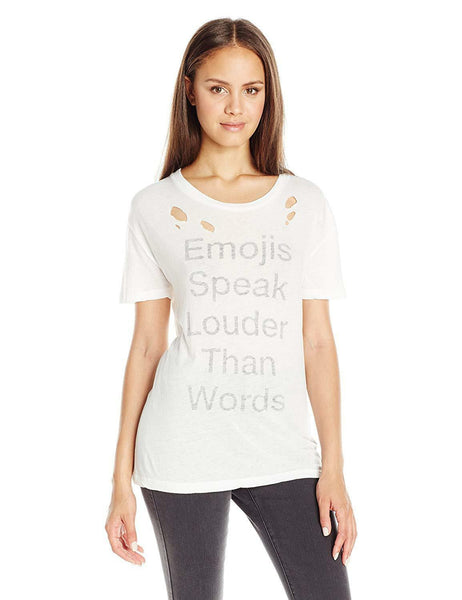 Goodie Two Sleeves Juniors Emojis Speak Louder Than Words Graphic Tee, White, XL