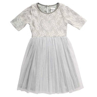 Youngland Girls' Short Sleeve Lace to Mesh Dress, Grey/White, 5