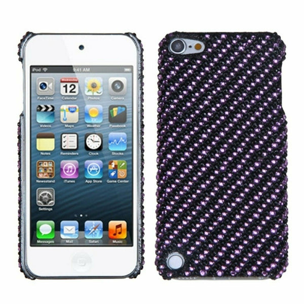 Asmyna Stripe Purple/Black Diamante Back Protector Cover for iPod touch 5