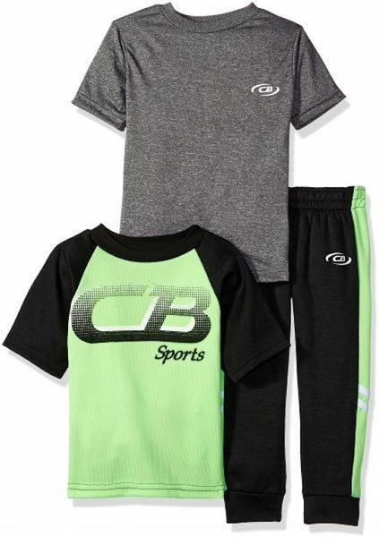 CB Sports Boys' 3 Piece Athletic T-Shirts and Fleece Pant, Neon Lime, 5/6