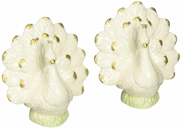 White Peacocks Sitting with Tails Fanned Salt and Pepper Shakers Set