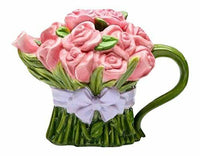 8 Oz Ceramic Pink Rose Bouquet Teapot Wrapped in Lavender Bow