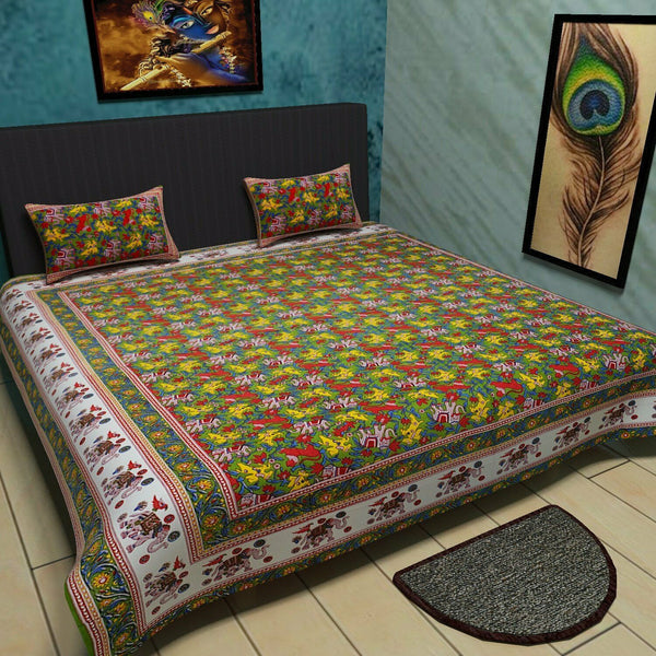 Wild Flower Pure Cotton Printed Double Bedsheet with 2 Pillow Covers, King Green