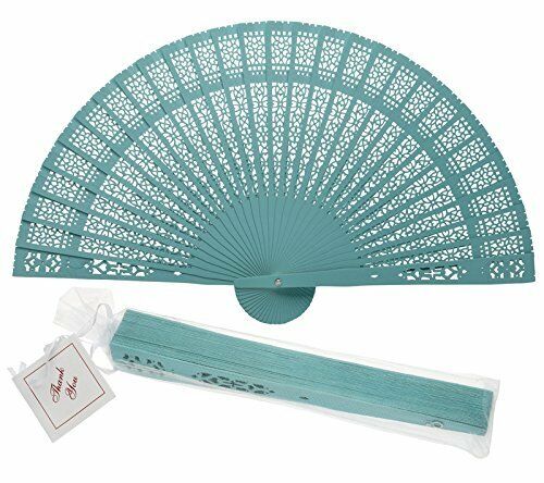 8" Water Blue Chinese Folding Wood Panel Hand Fan w/White Organza Bag