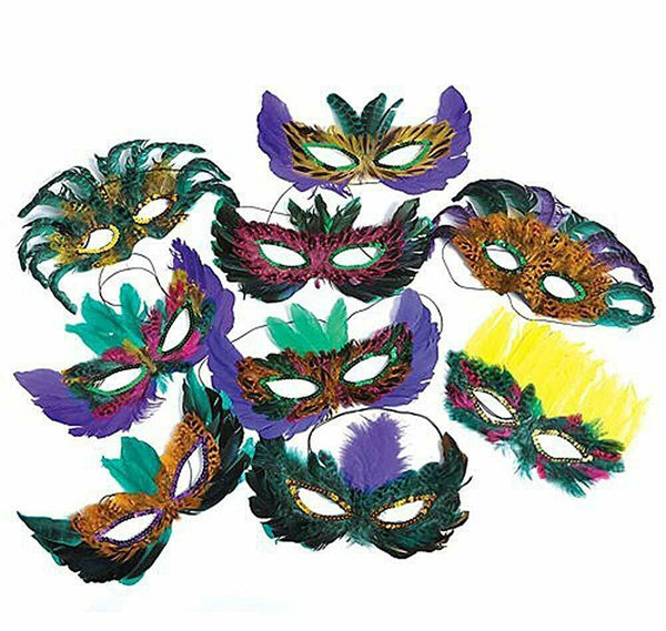 10 Assorted Mardi Gras Feather Masks