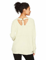 Women's Long Sleeve V-Neck Harness Back Drop Shoulder Pullover, Cream, Small