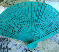 8" Water Blue Chinese Folding Wood Panel Hand Fan w/White Organza Bag